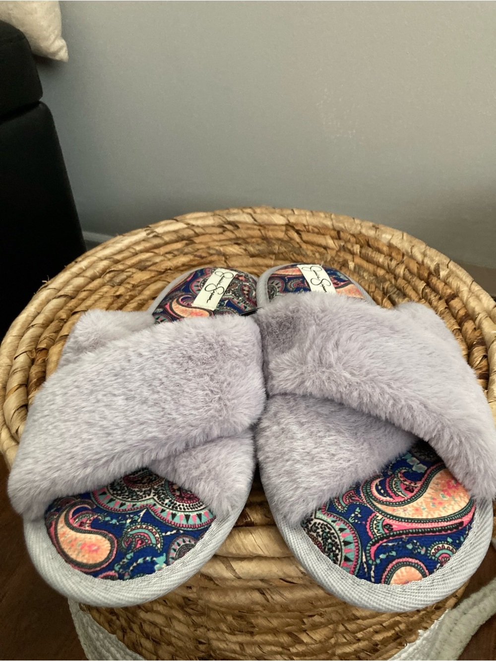 Jessica Simpson Lavender Faux Fur Slide Slippers with Paisley Insole